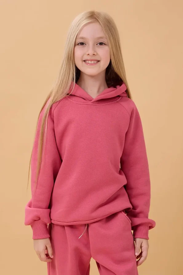 Perendi Unisex Kids Hoodie with Raglan Sleeves and Fleece Lining in Dusty Pink