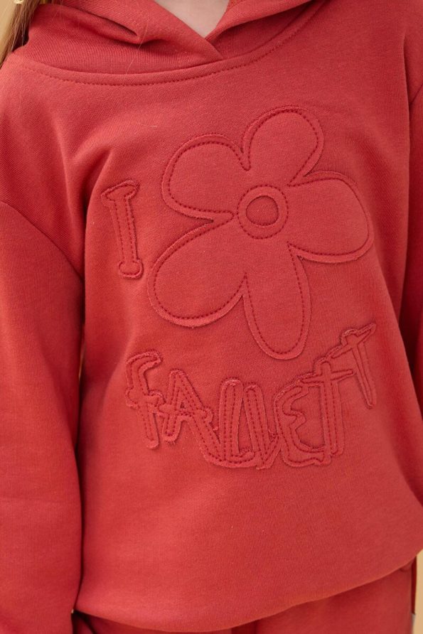 Perendi Girls' Hooded Floral Appliqué Seasonal Outfit - Terracotta