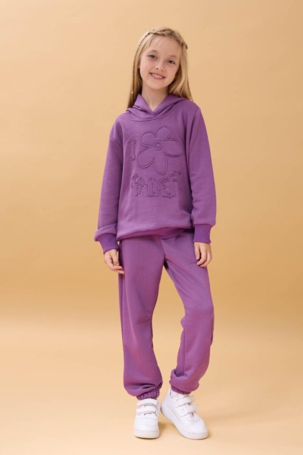 Perendi Girls' Hooded Floral Appliqué Two-Piece Set - Purple