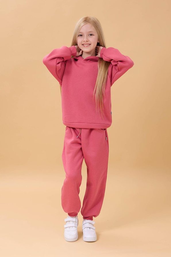 Perendi Unisex Kids Hoodie with Raglan Sleeves and Fleece Lining in Dusty Pink