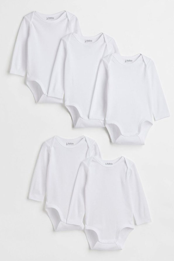 Lilabio 100% Organic Cotton 5-Pack White Long Sleeve Baby Bodysuits