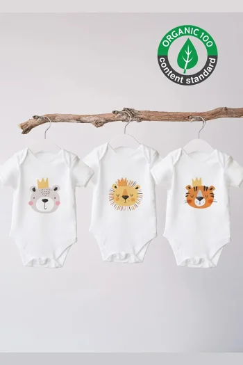 Lilabio 100% Organic Cotton 3-Pack Short Sleeve Baby Bodysuit Tiger