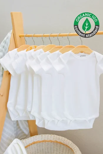 Lilabio 100% Organic Cotton 7-Pack White Short Sleeve Baby Bodysuits