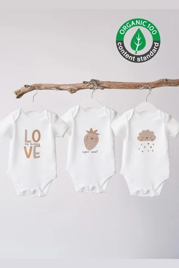 Lilabio 100% Organic Cotton 3-Pack Printed Baby Bodysuit Love