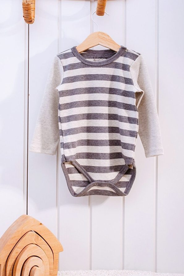 Lilabio 100% Organic Cotton Striped Long Sleeve Baby Bodysuit
