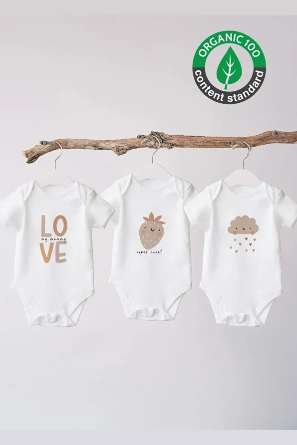 Lilabio 100% Organic Cotton 3-Pack Printed Baby Bodysuit Love