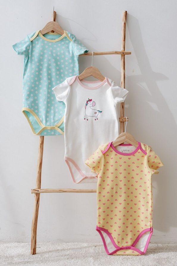 Lilabio 100% Cotton 3-Pack Short Sleeve Baby Bodysuits Unicorn