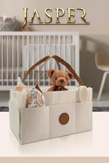 JASPER Tan Leather Handle Beige Felt Mother Baby Care Bag
