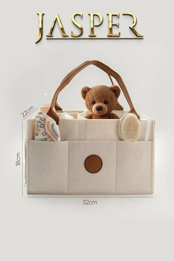 JASPER Tan Leather Handle Beige Felt Mother Baby Care Bag