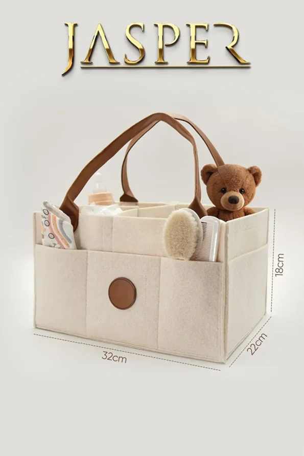 JASPER Tan Leather Handle Beige Felt Mother Baby Care Bag