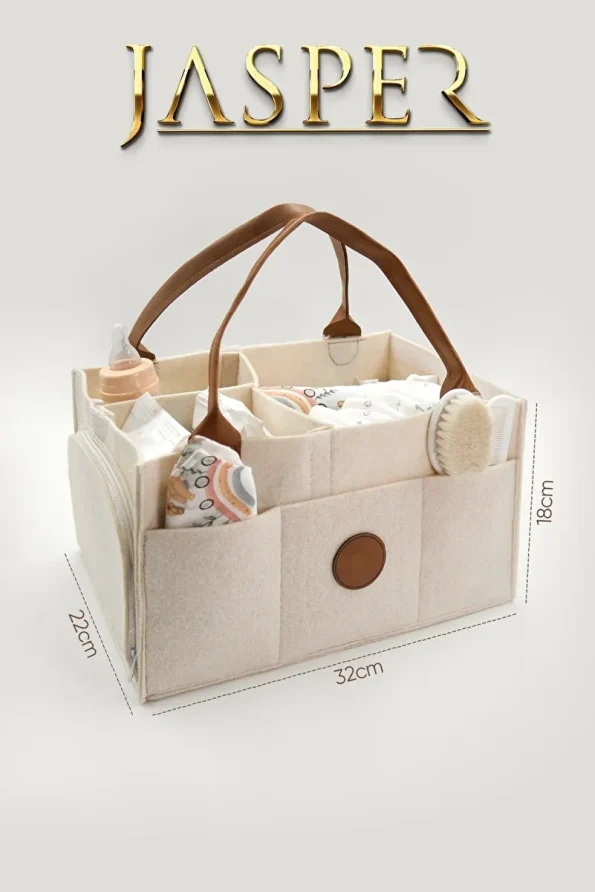 JASPER Tan Leather Handle Beige Felt Mother Baby Care Bag