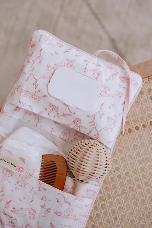 Atelier Babbi Wet Wipe & Fabric Bag - Toile De Jouy / Pink