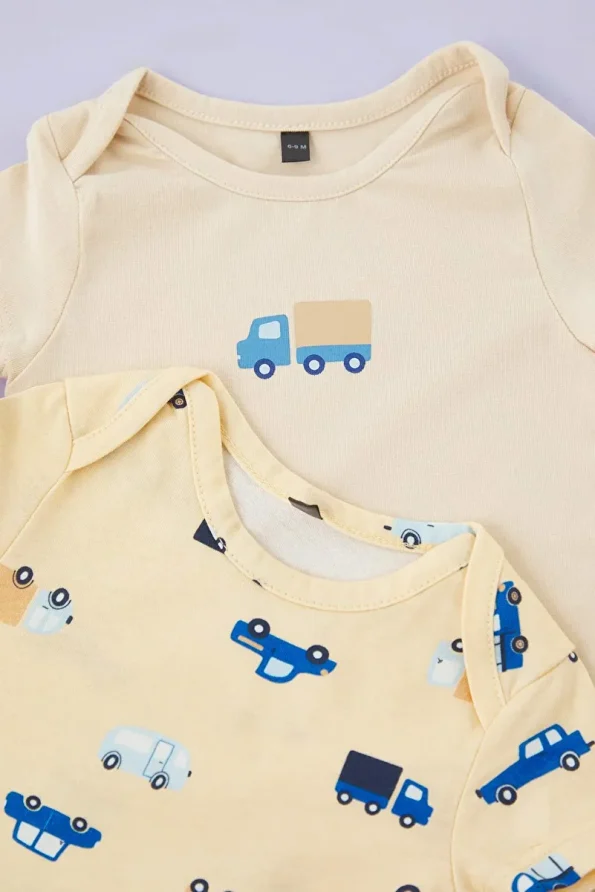 Trendyolmilla Kids Orange 2-Piece Baby Boys' 100% Cotton Car Print Short Sleeve Romper