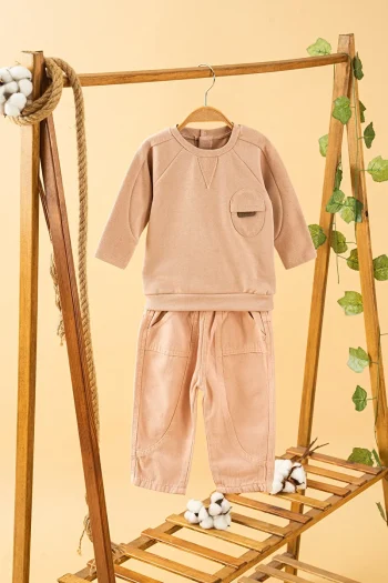 Trendy Beige Cotton Sweatshirt and Pants Set for Kids