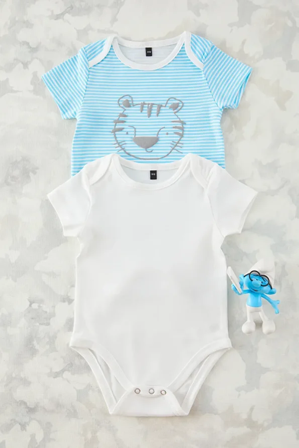Trendyolmilla Kids Ecru-Blue 2-Pack Boys' Cotton Striped-Solid Short Sleeve Bodysuit