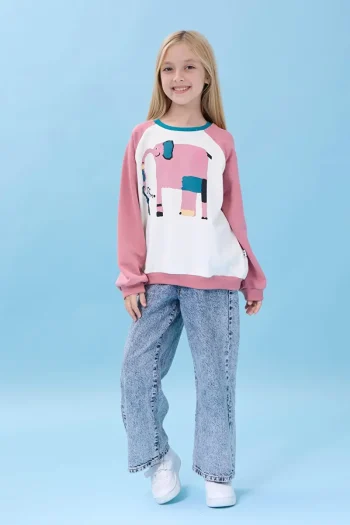 Perendi Girls' Elephant Print Oversized Seasonal Sweatshirt - Cream/Pink