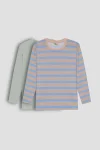 Perendi Set of 2 Long Sleeve Striped and Solid Unisex Kids T-Shirts Light Blue-Beige