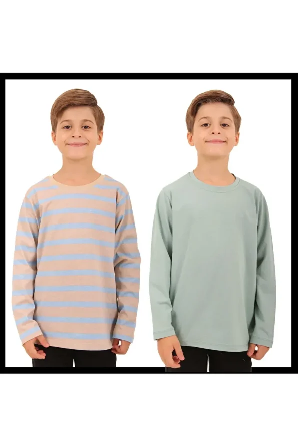 Perendi Set of 2 Long Sleeve Striped and Solid Unisex Kids T-Shirts Light Blue-Beige