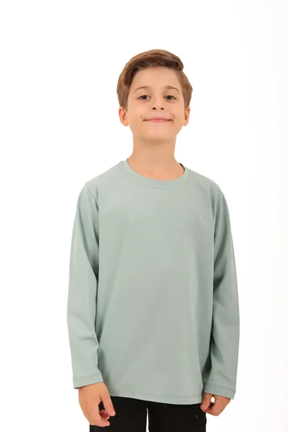 Perendi Set of 2 Long Sleeve Striped and Solid Unisex Kids T-Shirts Light Blue-Beige