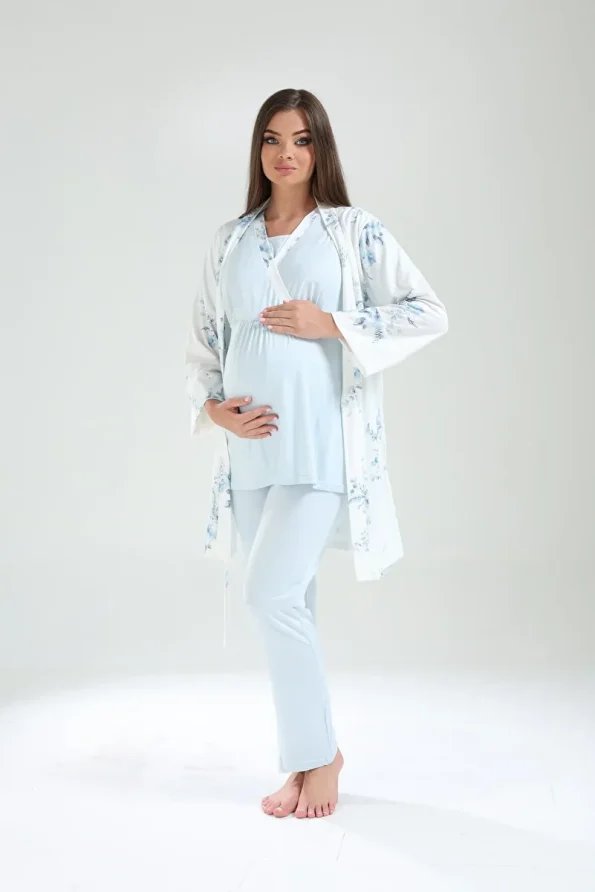 LOHOUSE Women's Blue Cross-Patterned Maternity Pajama Set