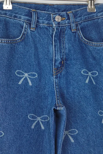 Trendyolmilla Kids Blue Girls' 100% Cotton Ribbon Pattern Wide Leg Denim Pants