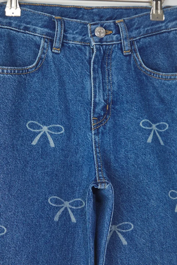Trendyolmilla Kids Blue Girls' 100% Cotton Ribbon Pattern Wide Leg Denim Pants