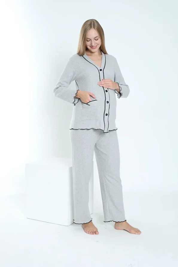 Miss World Lissa Front Button Adjustable Waist Ruffled Sleeve and Hem Maternity and Nursing Pajama Set
