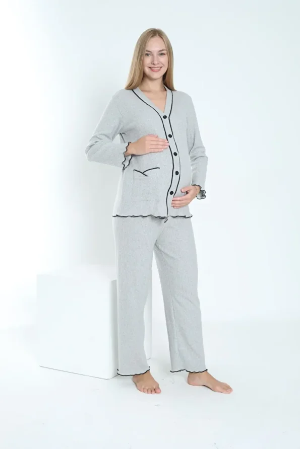 Miss World Lissa Front Button Adjustable Waist Ruffled Sleeve and Hem Maternity and Nursing Pajama Set