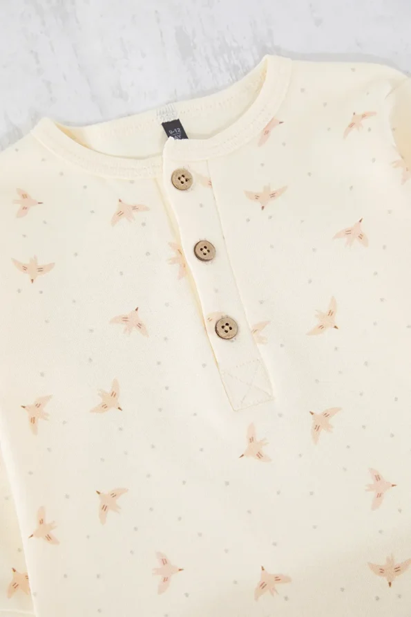 Trendyolmilla Kids Beige Cotton Printed Button-Up Long Sleeve Romper