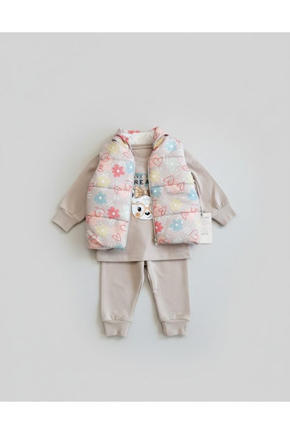 Aydino Girls' Heart and Flower Patterned Vest 3-Piece Set
