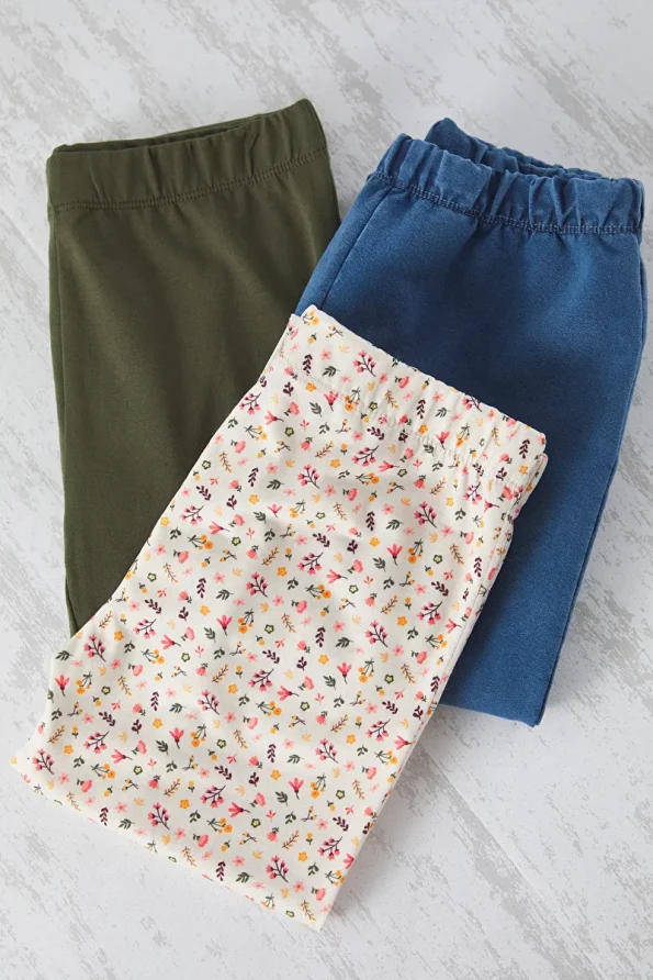 Trendyolmilla Kids Blue-Cream-Khaki 3-Pack Cotton Patterned Leggings