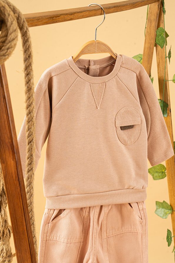Trendy Beige Cotton Sweatshirt and Pants Set for Kids