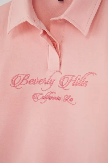 Trendyolmilla Kids Pink Cotton Slogan Printed Polo Neck Regular Knit Sweatshirt