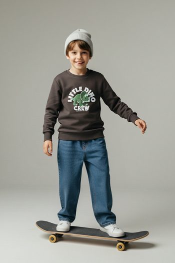 Trendyolmilla Kids Anthracite Cotton Printed Oversized Knit Sweatshirt