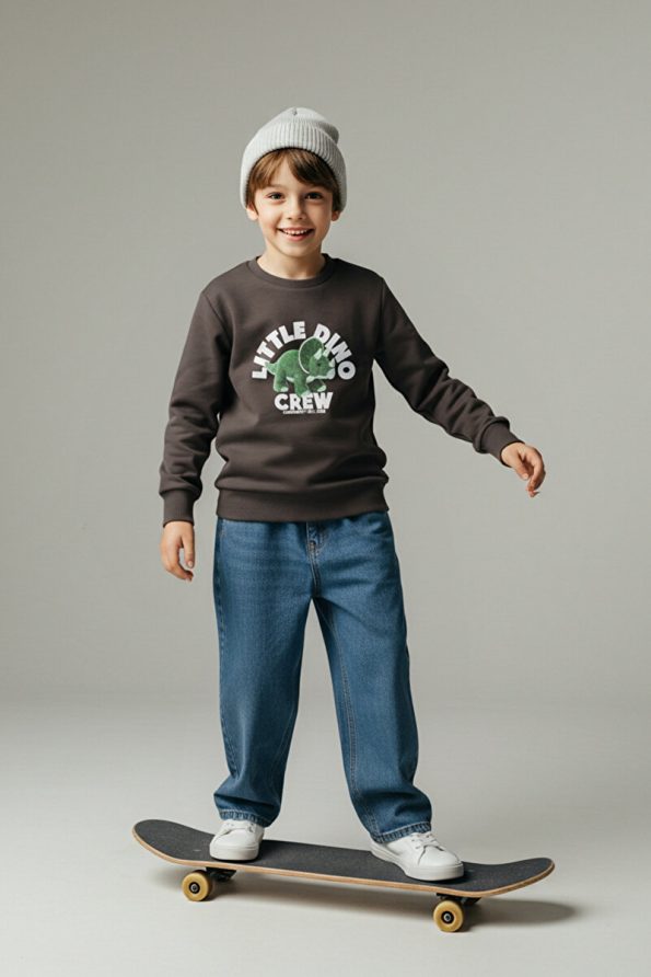 Trendyolmilla Kids Anthracite Cotton Printed Oversized Knit Sweatshirt