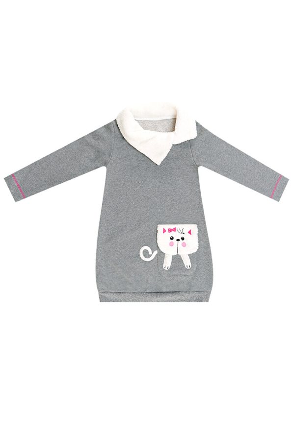MSHB&G Shawl Collar Cat Pocket Plush Grey Winter Dress for Girls