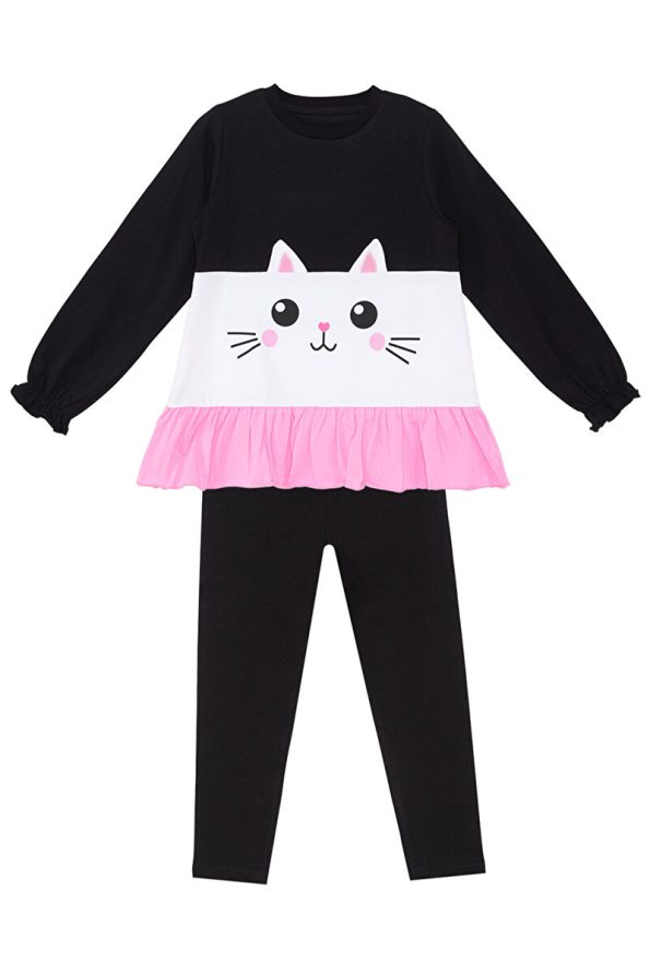 Denokids Ruffled White Cat Girl T-Shirt and Leggings Set