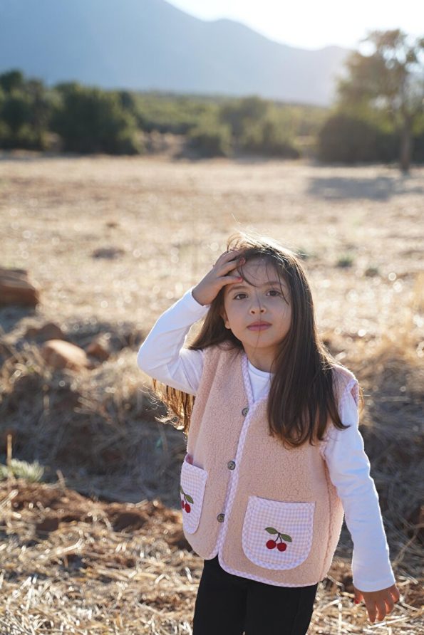 Cherry Embroidered Pink Teddy Vest for Babies and Kids