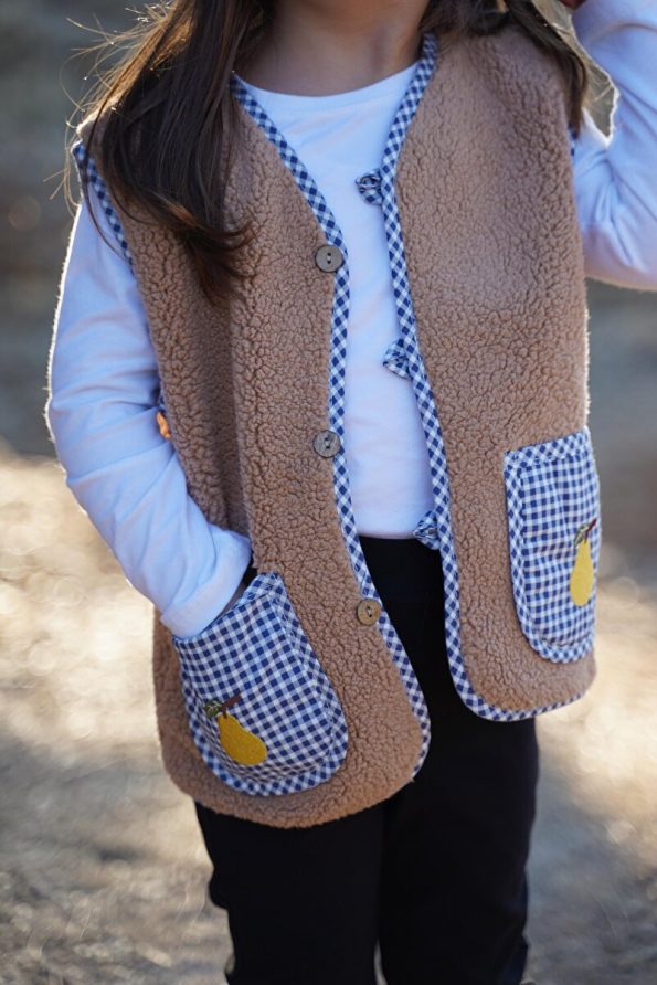 Cherry Kids Brown Teddy Vest with Pear Embroidery