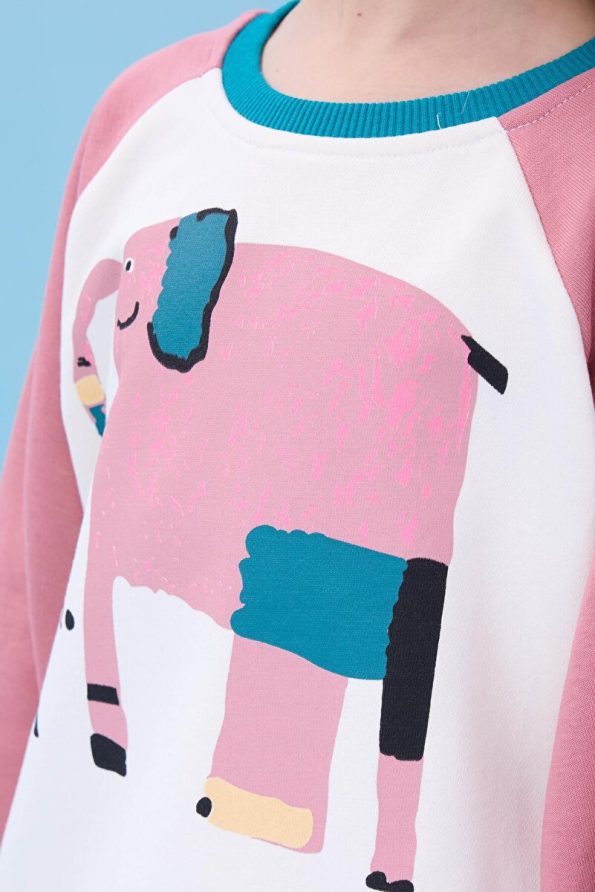 Perendi Girls' Elephant Print Oversized Seasonal Sweatshirt - Cream/Pink