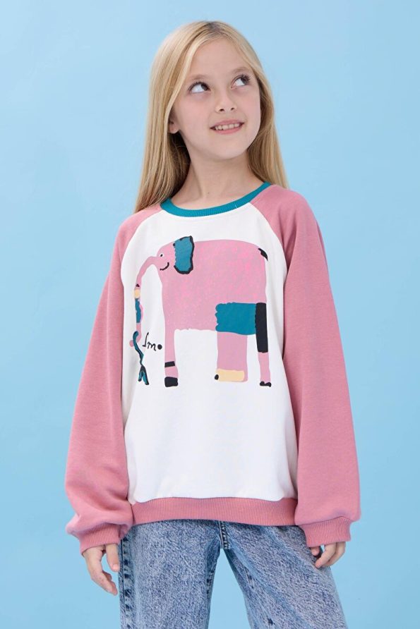 Perendi Girls' Elephant Print Oversized Seasonal Sweatshirt - Cream/Pink