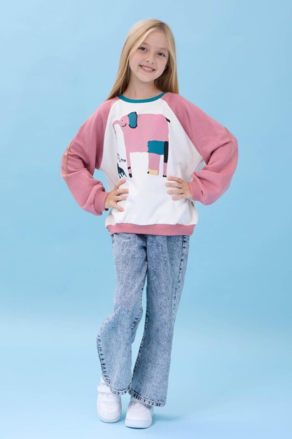 Perendi Girls' Elephant Print Oversized Seasonal Sweatshirt - Cream/Pink