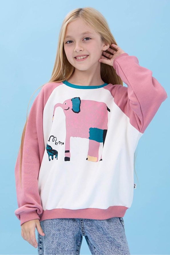 Perendi Girls' Elephant Print Oversized Seasonal Sweatshirt - Cream/Pink