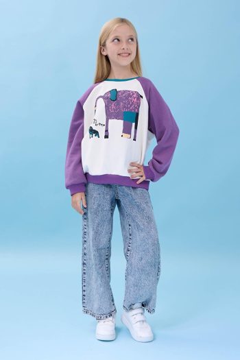 Perendi Girls' Elephant Print Oversized Seasonal Sweatshirt - Cream/Purple