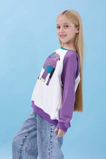 Perendi Girls' Elephant Print Oversized Seasonal Sweatshirt - Cream/Purple