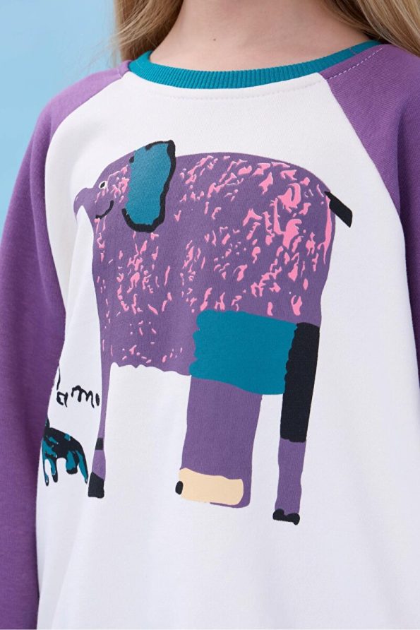 Perendi Girls' Elephant Print Oversized Seasonal Sweatshirt - Cream/Purple