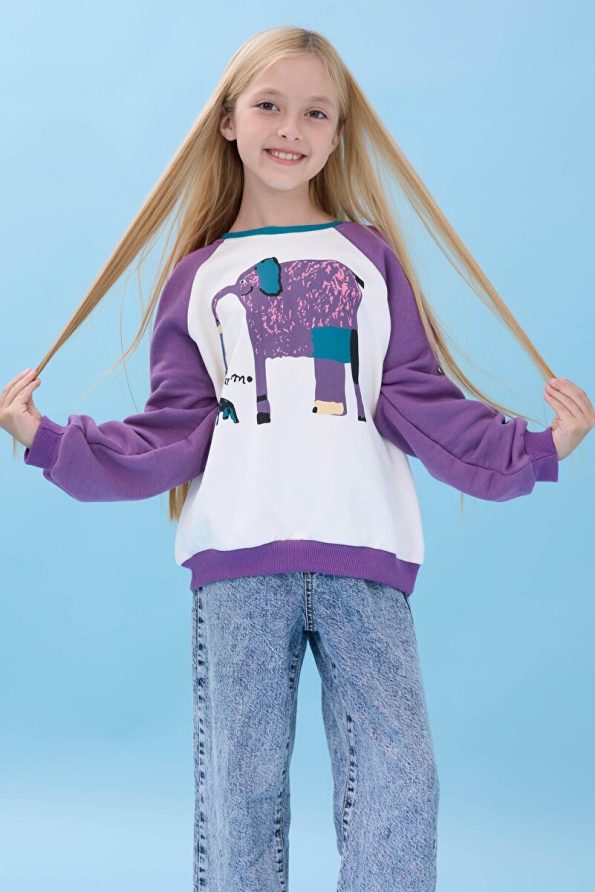 Perendi Girls' Elephant Print Oversized Seasonal Sweatshirt - Cream/Purple