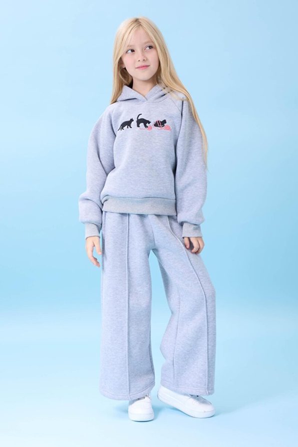 Perendi Girls' Hooded Fleece-Lined Cat Embroidered Winter Set Gray