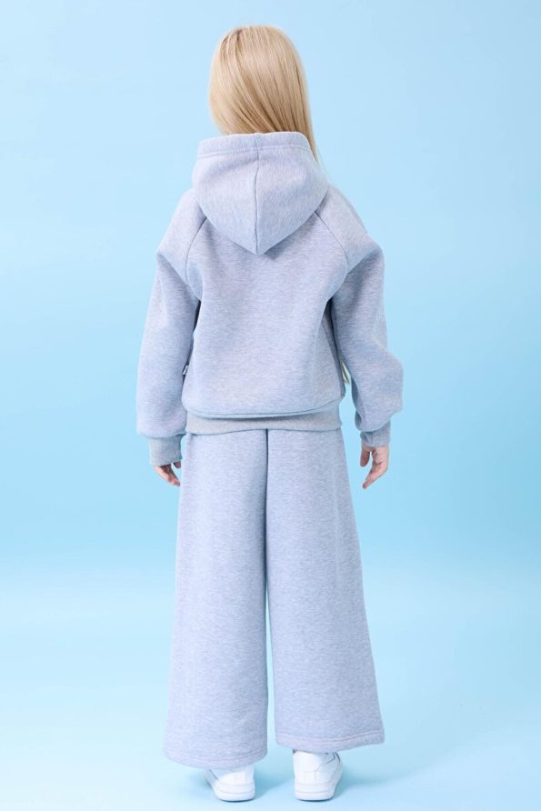 Perendi Girls' Hooded Fleece-Lined Cat Embroidered Winter Set Gray