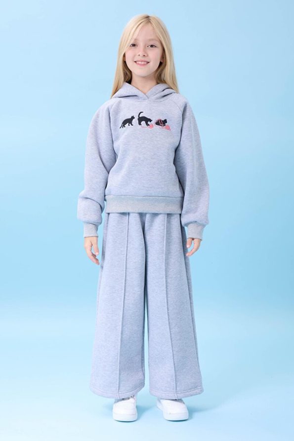 Perendi Girls' Hooded Fleece-Lined Cat Embroidered Winter Set Gray